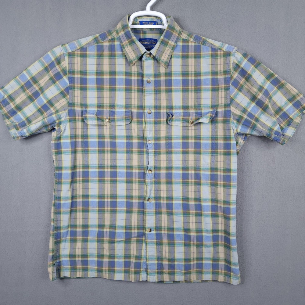 Pendleton Mens Hiker Shirt Medium Blue Green Yellow Plaid Short Sleeve Button Up